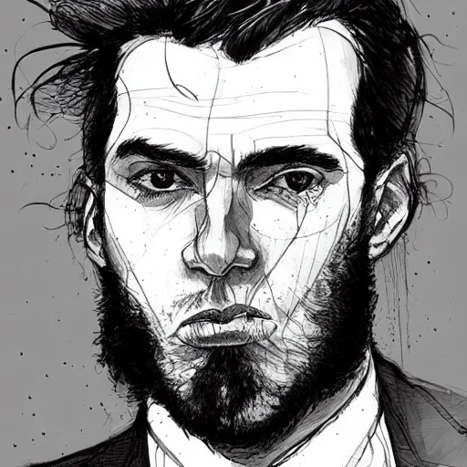 Prompt: handsome and brutal man in suit portrait by kaethe butcher and moebius