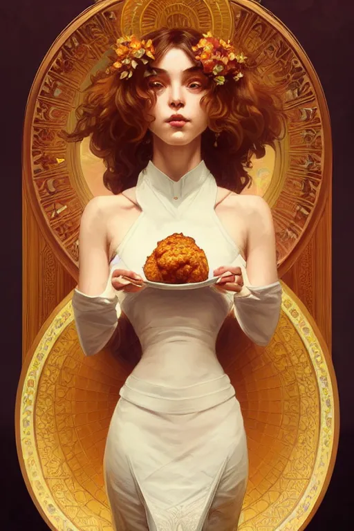 Image similar to symmetry!! plate full of nugget!!, intricate, elegant, highly detailed, digital painting, artstation, concept art, smooth, sharp focus, illustration, art by artgerm and greg rutkowski and alphonse mucha, 8 k