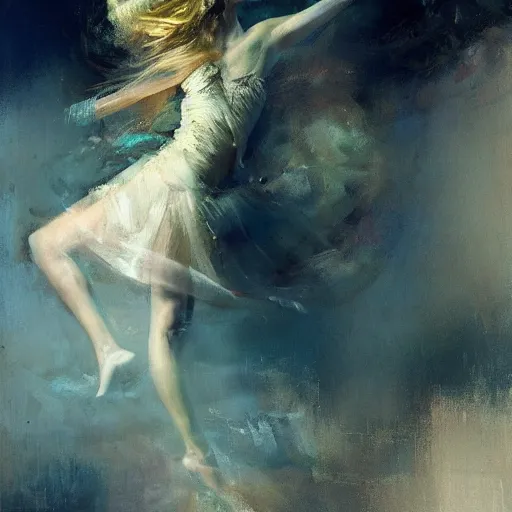 Image similar to painting of a beautiful surreal goddess, dancing on a cloud, by Jeremy Mann and Jason Jenicke, detailed, stylized, loose brush strokes, intricate, realistic, exaggerated lighting, sense of scale, sensual