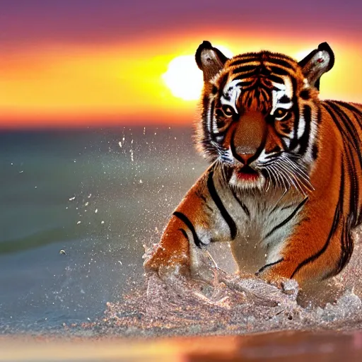 Image similar to a closeup photorealistic photograph of a cute tiger kangaroo hybrid splashing in the surf during sunset. professional capture, well lit shot. this 4 k hd image is trending on artstation, featured on behance, well - rendered, extra crisp, features intricate detail, epic composition and the style of unreal engine.