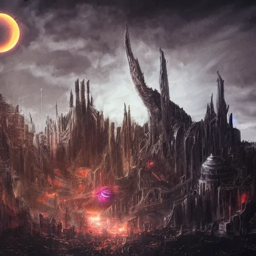 Image similar to cloud city, solar eclipse, chaos, night, rot, blood, epic art, dark souls, highly detailed and intricate, trending on artstation