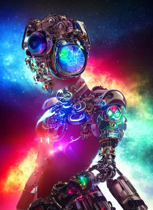 Image similar to intricate cyborg pilot girl with electromechanical robot parts, connected made of and covered with many colorful wires, featuring beautiful detailed machined crystal eyes glowing with nebula, background glowing game server powered by galaxies. backlit luminous shiny metallic