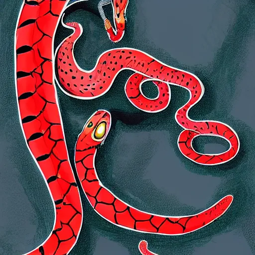 Image similar to full body portrait of a snake girl, red and black strips, books, yellow eyes, magic, digital art.