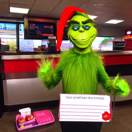 Prompt: the grinch working at mcdonalds