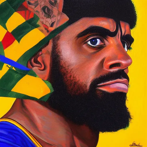 Prompt: guerrillero heroico, kyrie irving, oil on canvas by jim fitzpatrick and william sidney mount, digital art, trending on artstation