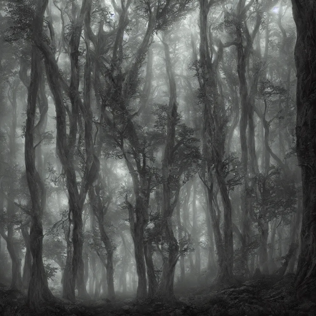 Prompt: Photorealistic nightmare in the foggy woods in the style of Michael Whelan and Gustave Dore. Hyperdetailed photorealism, epic scale, misty, 108 megapixels, amazing depth, glowing rich colors, powerful imagery, psychedelic Overtones, 3D finalrender, 3d shading, cinematic lighting, artstation concept art