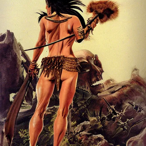 Image similar to Muscular savage warrior girl, wearing barbarian caveman pelt, cavewoman, wild spiky black hair, electrified hair, tiger pelt, holding scimitar made of bone, battle-scarred, scars of battle, bloody, primeval fantasy, electricity, electrical aura, palm trees, pulp art, illustration, Frank Frazetta