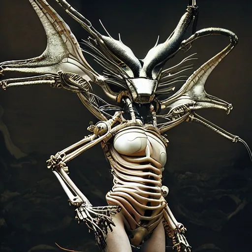 Image similar to still frame from Prometheus movie by Makoto Aida, flying biomechanical angel gynoid by giger, mimicking devil's dragon flower mantis, metal couture by neri oxmn and Guo pei, editorial by Malczewski and by Caravaggio