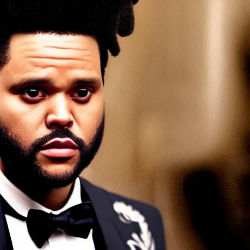 Image similar to Live Action Still of The Weeknd in The Godfather, real life, hyperrealistic, ultra realistic, realistic, highly detailed, epic, HD quality, 8k resolution, film still