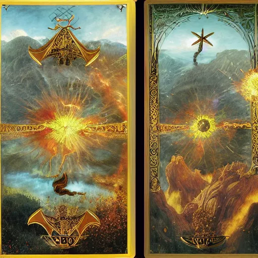 Image similar to a beautiful and highly detailed matte painting of magical tarot cards floating in the midst of magical explosions, intricate details, epic scale, insanely complex, 8 k, sharp focus, hyperrealism, very realistic, by caspar friedrich, albert bierstadt, james gurney, brian froud,