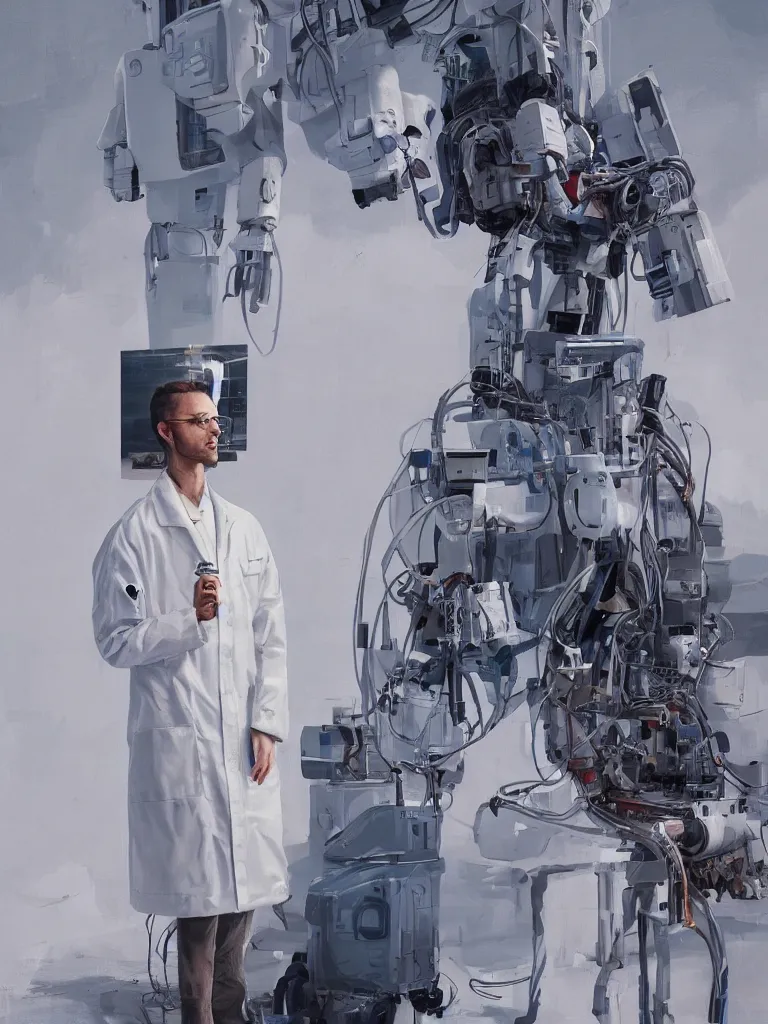 Image similar to a portrait of a researcher in a white coat with roboterparts in a painting from stalenhag, 4 k, 8 k, hdr, artstation