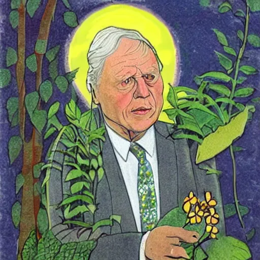 Image similar to Sir David Attenborough as Sungglepot in the style of May Gibbs,