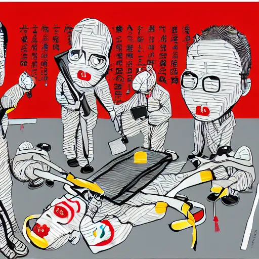 Image similar to chinese surgeons cutting up a body on an operating table, in the style of daniel johnston and outsider art, 8k, line brush, overlaid with traditional chinese adverts