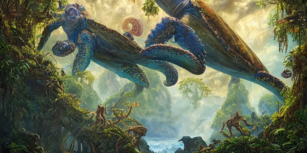 Prompt: fantasy oil painting, great leviathan, turtle cephalopod terrapin reptilian pachyderm amphibian hybrid, rainforest mountains, lush plants flowers, epic natural light, bright clouds, luminous sky, outer worlds, bright cinematic lighting, michael cheval, michael whelan, vray, 8 k hd