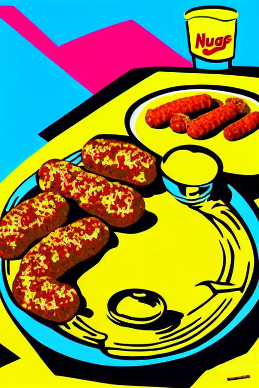 Prompt: nugget and sausage on plate, pop art, by mike swiderek, jorge lacera, ben lo, tyler west, ultrarealistic