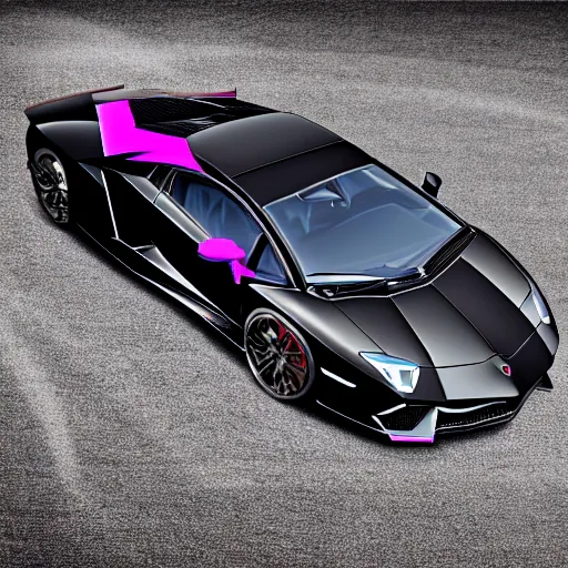 Prompt: isometric view of a black painted Lamborghini Aventador SV with purple highlights