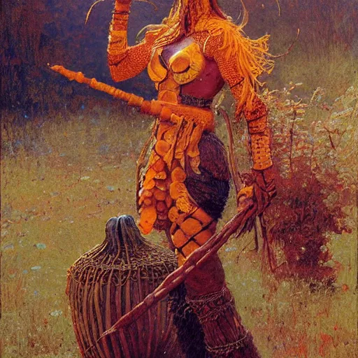 Image similar to a warrior woman made of wicker and gourds, pumpkin head, autumnal, fantasy character portrait by gaston bussiere, craig mullins