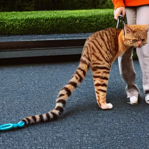 Image similar to a cat standing up on back legs, with a human on a leash as a pet