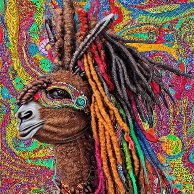 Prompt: llama with dreadlocks, colorful, detailed, by ernst haeckel, james jean, el anatsui, mandy jurgens
