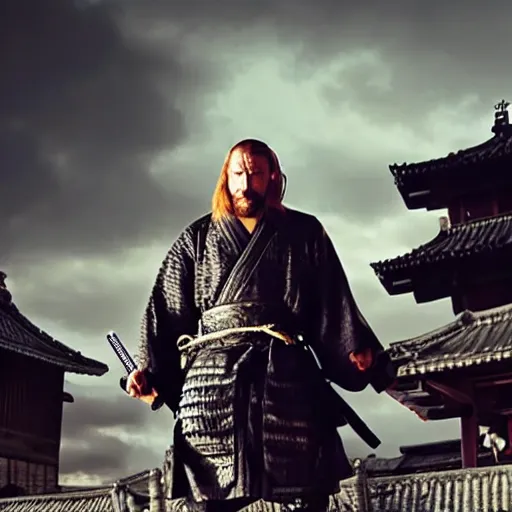 Image similar to an film still of triple h as samurai, cinematic, dramatic action