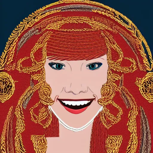 Prompt: Digital embroidery design of a beautiful young woman with red hair, smiling, clothes, Golden thread, golden details, intricate details, intricate patterns 4k, 35mm, f/1.4