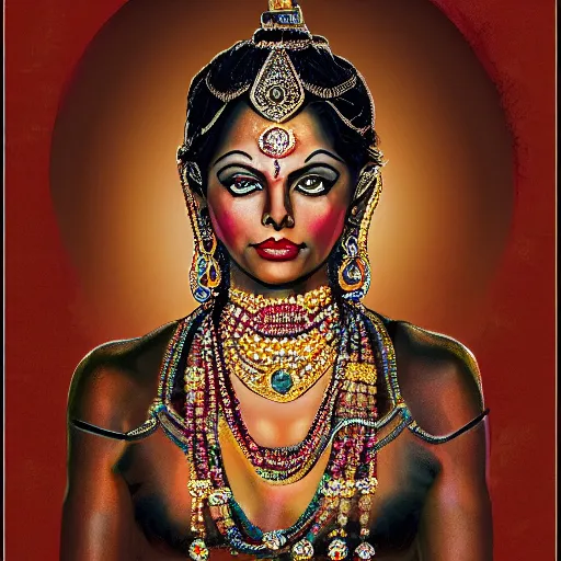 Image similar to a portrait of charlize theron as a hindu goddess, with lots of jewelry and necklaces, photorealistic, 35mm, abstract background.