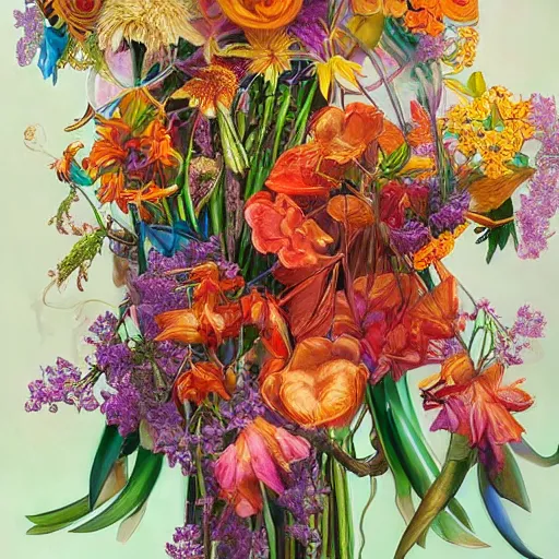 Prompt: a bouquet of surreal big colorful transparent entangled flowers, wild foliage, vivid, detailed painting, by JC Leyendecker, WLOP, artgerm and James Jean, masterpiece, award winning painting