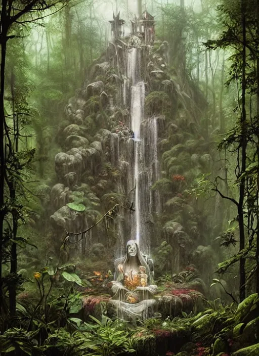 Image similar to a hyper realistic architectural witch shrine under a waterfall in the woods, gorgeous lighting, lush forest foliage, painting by chiara bautista and tom bagshaw, muca beksinski and norman rockwell and greg rutkowski weta studio, and lucasfilm