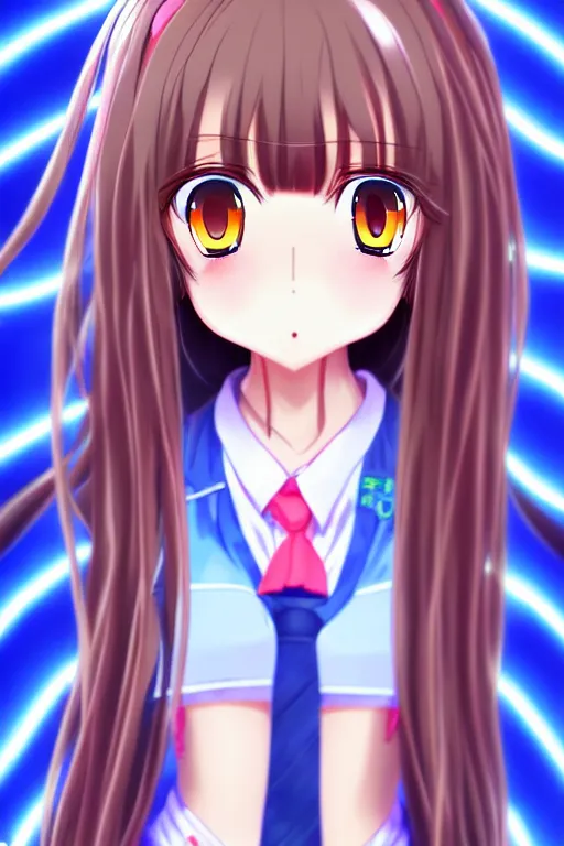 Image similar to full body anime portrait of a cute girl round eyes long hair dressed in a school uniform cinematic stunning highly detailed 4 k neon anatomically correct