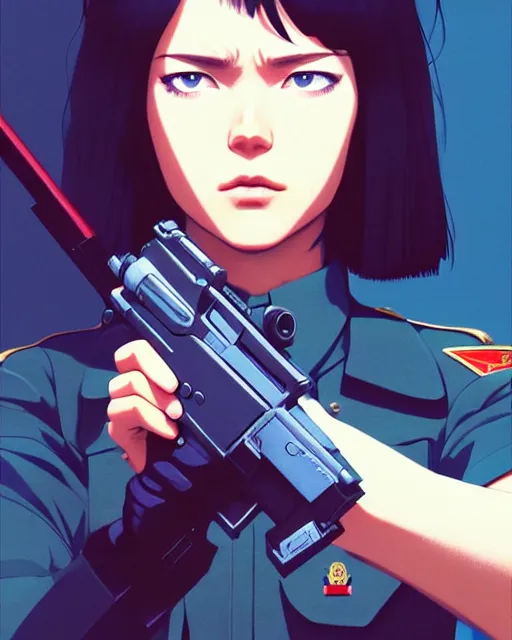 Image similar to girl wearing uniform, holding gun | | audrey plaza, fine detail!! anime!! realistic shaded lighting!! dramatic!! poster by ilya kuvshinov katsuhiro otomo ghost - in - the - shell, magali villeneuve, artgerm, jeremy lipkin and michael garmash and rob rey