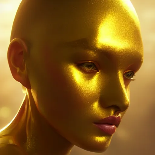 Image similar to portrait of human gold reflect chrome, 8 k uhd, unreal engine, octane render in the artstyle of finnian macmanus, john park and greg rutkowski