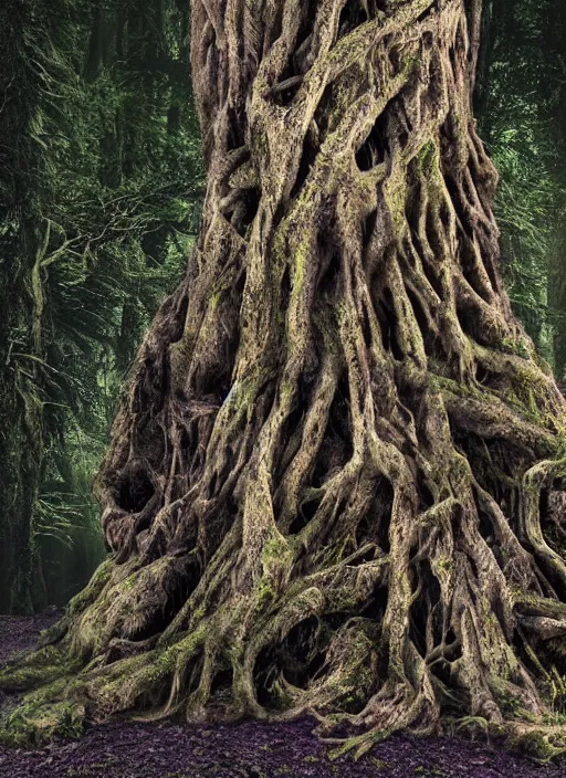 Prompt: a digital 3 d hyperrealistic hyperdetailed ancient tree with an old woman kind face covered with bark and moss, in a dark mysterious dark forest, dramatic mysterious lighting,