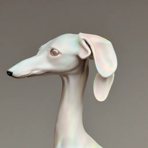 Image similar to porcelain whippet sculpture, pastel colors, depth of field, 8 k, hyper detailed, intricate