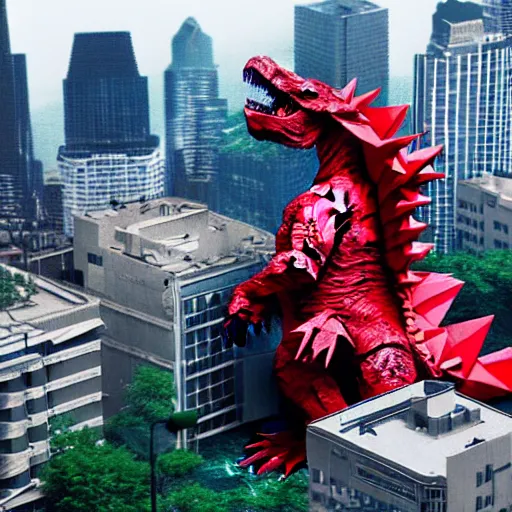 Prompt: origami giant godzilla, tearing through a city, birds eye view