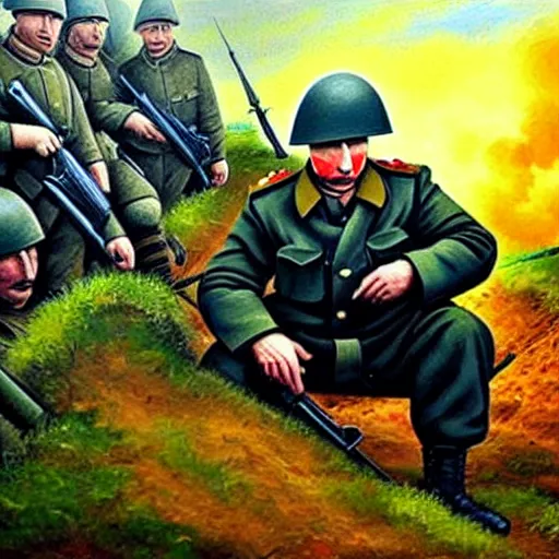 Image similar to Putin is sitting in the trenches and defending himself from Ukrainian troops, modern painting style