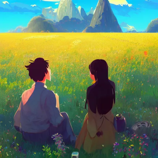 Image similar to one teen girl with long black hair and bangs, one teen boy with black hair, flower fields and mountains in the background, digital painting, artstation, highly detailed, by makoto shinkai and thomas kindle and James gilleard