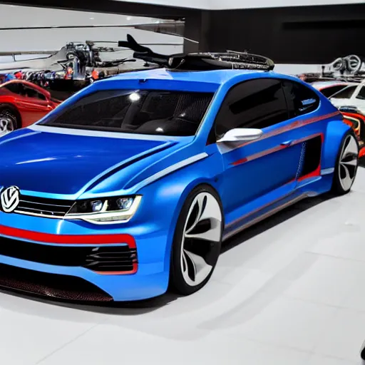 Image similar to a volkswagen concept racecar with agressive design in a showroom