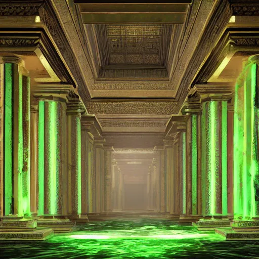 Image similar to Interior of a marble temple of an ancient god, a glowing green light can be seen on its walls, dark, digital art, trending on artstation