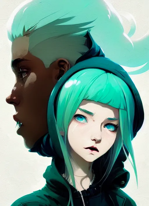 Image similar to highly detailed portrait of a urban punk lady student, blue eyes, hoodie, white hair by atey ghailan, by greg rutkowski, by greg tocchini, by james gilleard, by joe fenton, by kaethe butcher, gradient green, black, brown and teal color scheme, grunge aesthetic!!! ( ( graffiti tag wall background ) )