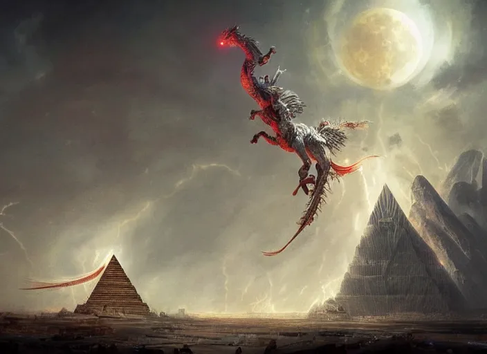 Prompt: luxurious white chinese dragon hovering side of a cyberpunk egyptian pyramid, lightning and thunder during blood moon, by greg rutkowski, james jean, peter mohrbacher, rule of thirds, sigma look, beautiful, intricate, majestic, award winning