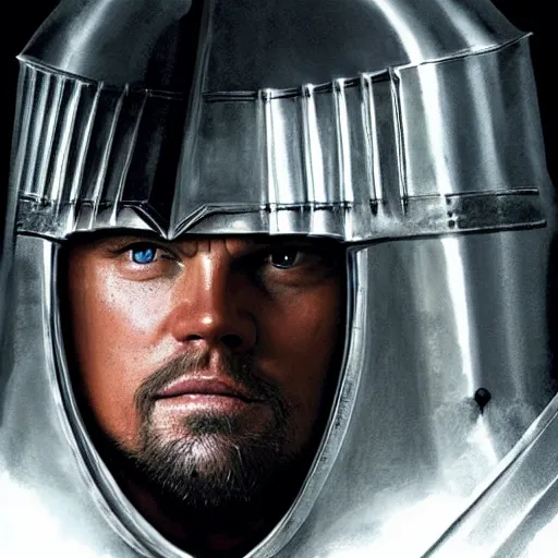 Image similar to portrait of leonardo dicaprio as a templar knight in full plate armor