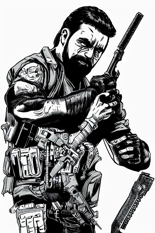 Prompt: billy mays holding a gun, a page from cyberpunk 2 0 2 0, style of paolo parente, style of mike jackson, adam smasher, johnny silverhand, 1 9 9 0 s comic book style, white background, ink drawing, black and white, colouring pages