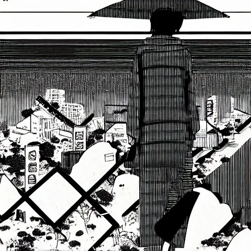 Image similar to a manga vignette with a japanese urban geometrical landscape, black and white, in style of inio asano