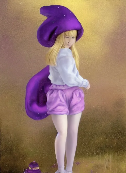 Prompt: A painting of a beautiful and mysterious young girl with short blond hair wearing an oversized purple Beret, Baggy Purple overall shorts, Short Puffy pants made of silk, silk shoes, a big billowy scarf, Golden Ribbon, and white leggings Covered in stars. Short Hair. Sunlit. Haute Couture. Dreamlike. Cloudscape. Fantasy Illustration. Art by william-adolphe bouguereau and Alexandre Cabanel and Anna Dittmann and WLOP and Artgerm and Johannes Helgeson. Smooth. Elegant. Highly Detailed. Intricate. Realistic fantasy illustration. 4K. UHD. Denoise.