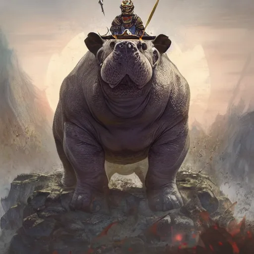 Prompt: Hippo, Anthropomorphized, as warlord general on skull throne, magic the gathering artwork, D&D, fantasy, cinematic lighting, centered, symmetrical, highly detailed, digital painting, artstation, concept art, smooth, sharp focus, illustration, volumetric lighting, epic Composition, 8k, art by Akihiko Yoshida and Greg Rutkowski and Craig Mullins, heroic pose, oil painting, cgsociety, Battlefield background, explosions, arrows