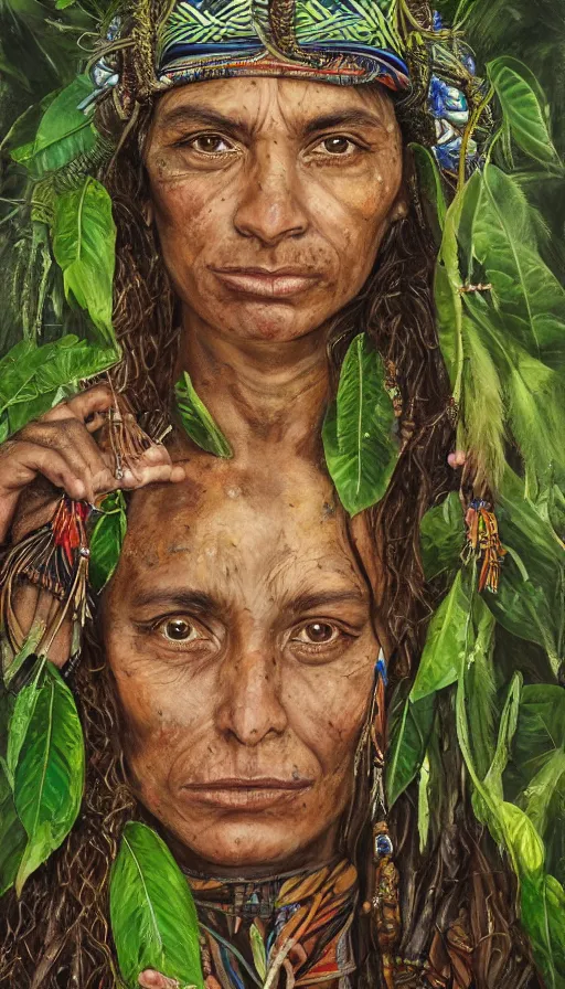 Prompt: a beautiful portrait of an amazonian shaman healer sitting in the jungle, doing a prayer, ayahuasca, high detail painting, fantasy art, highly detailed, realistic face, only one face, starry sky, canopee