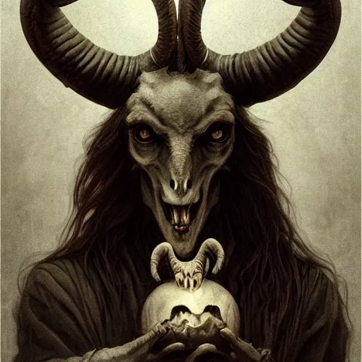 Image similar to baphomet with goat horns holding an animal skull, style of da vinci, horror, fantasy illustration, by greg rutkowski