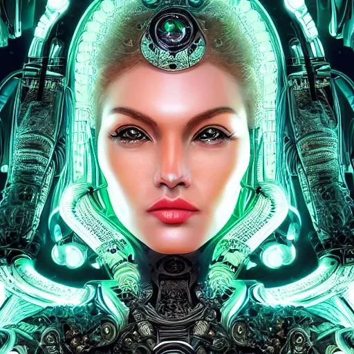 Image similar to very beautiful woman integrating with technology, full face frontal centered, portrait, insipiring, detailed intricate ornate cables connected to head, big open electric eyes, luxurious detailed abundent wiring and implants, diamonds, sci-fi, neon, emeralds, detailed technology full background, highly detailed, artstation, Rene Lalique and Eddie Mendoza and Gil Elvgren