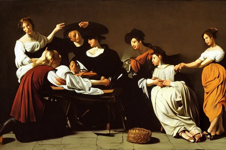 Image similar to 3 women, caravaggio, rubens, pieter de hooch, ary scheffer