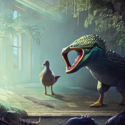 Prompt: a duck in about to be eaten by a dinosaur intricate artwork by Tooth Wu and wlop and beeple and Dan Mumford. Octane render, trending on artstation, greg rutkowski very coherent symmetrical artwork. Cinematic, hyper realism, high detail 8k